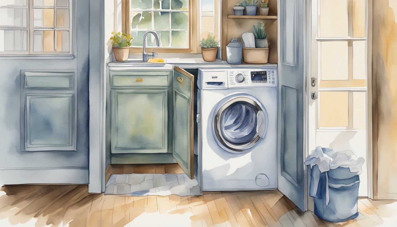 A front load washer being cleaned with a cloth and detergent, while the door is open and the interior is being wiped down