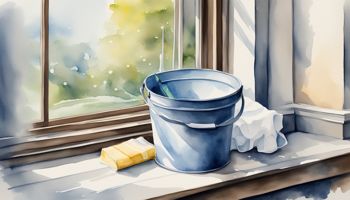 A bucket with soapy water, squeegee, and a clean cloth laid out on a window sill.</p><p>A ladder leaning against the window, ready for use