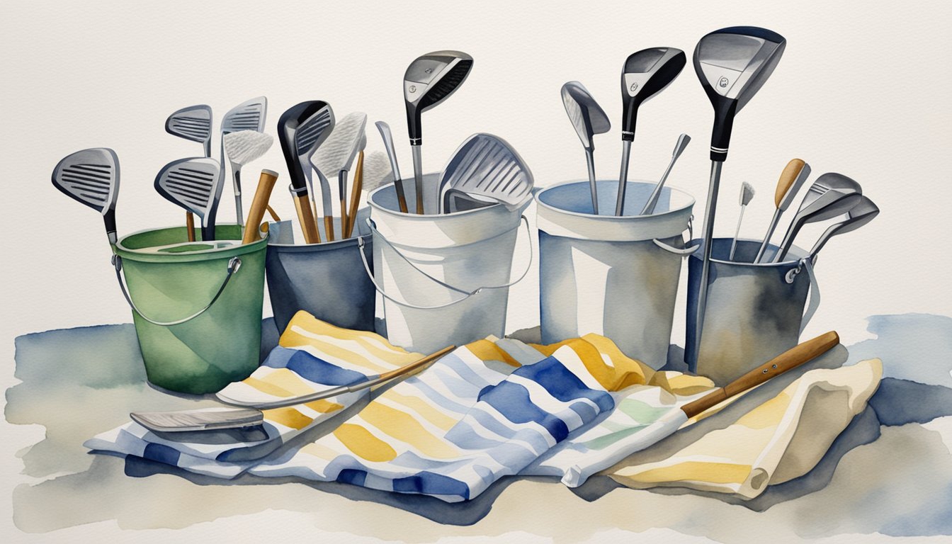 Golf clubs arranged neatly on a clean, white towel.</p><p>A bucket of soapy water and a soft brush sit nearby.</p><p>A cloth for drying is folded neatly next to the clubs