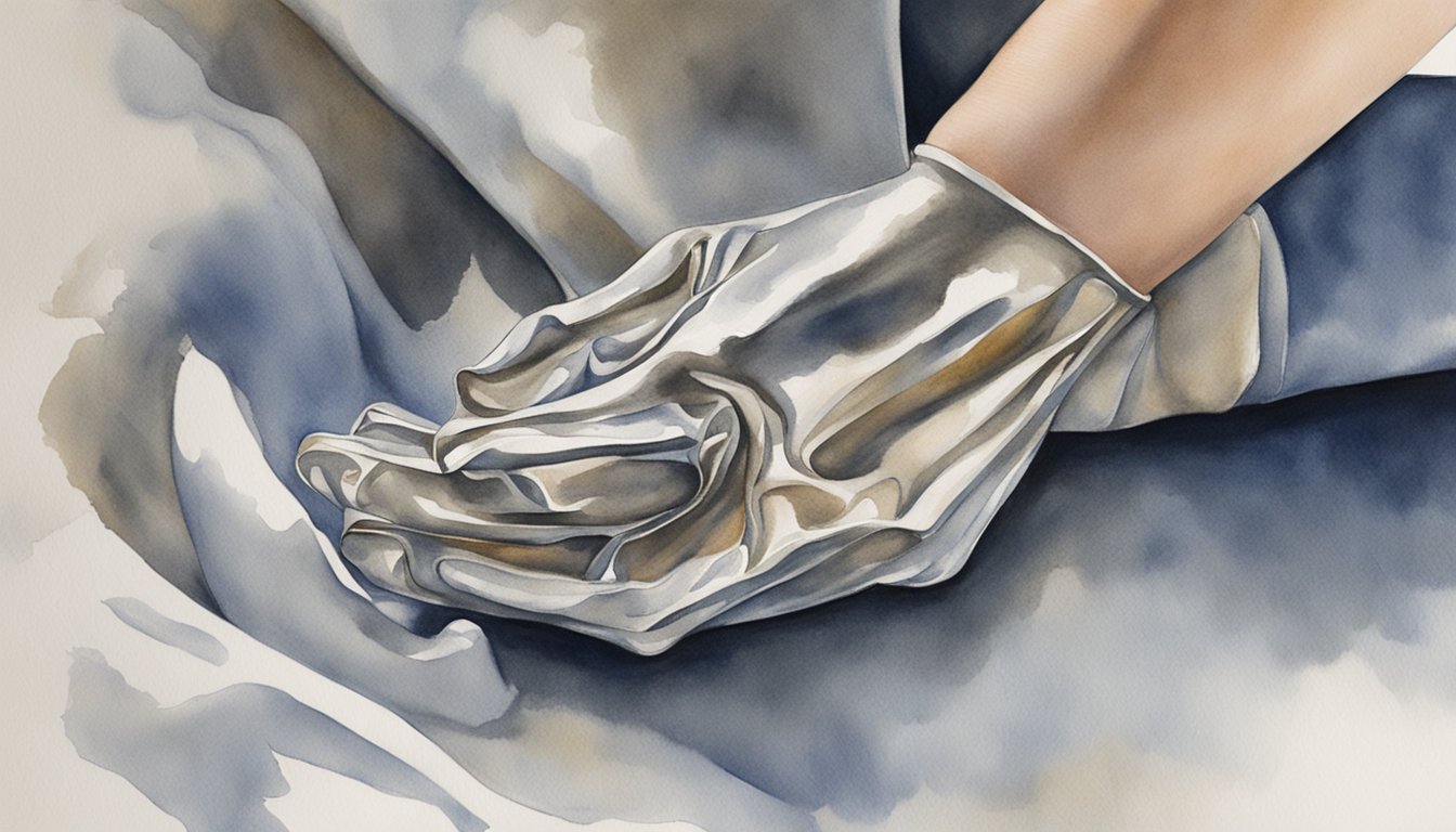 A hand holding a tarnished silver object, applying a silver cleaning solution with a soft cloth, then buffing it to a shine