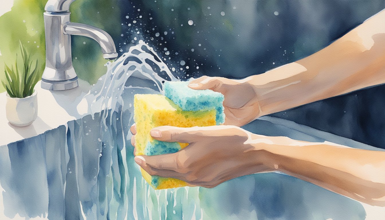 A hand holding a soapy sponge under running water, squeezing and rinsing repeatedly. Then placing the sponge on a clean towel to air dry