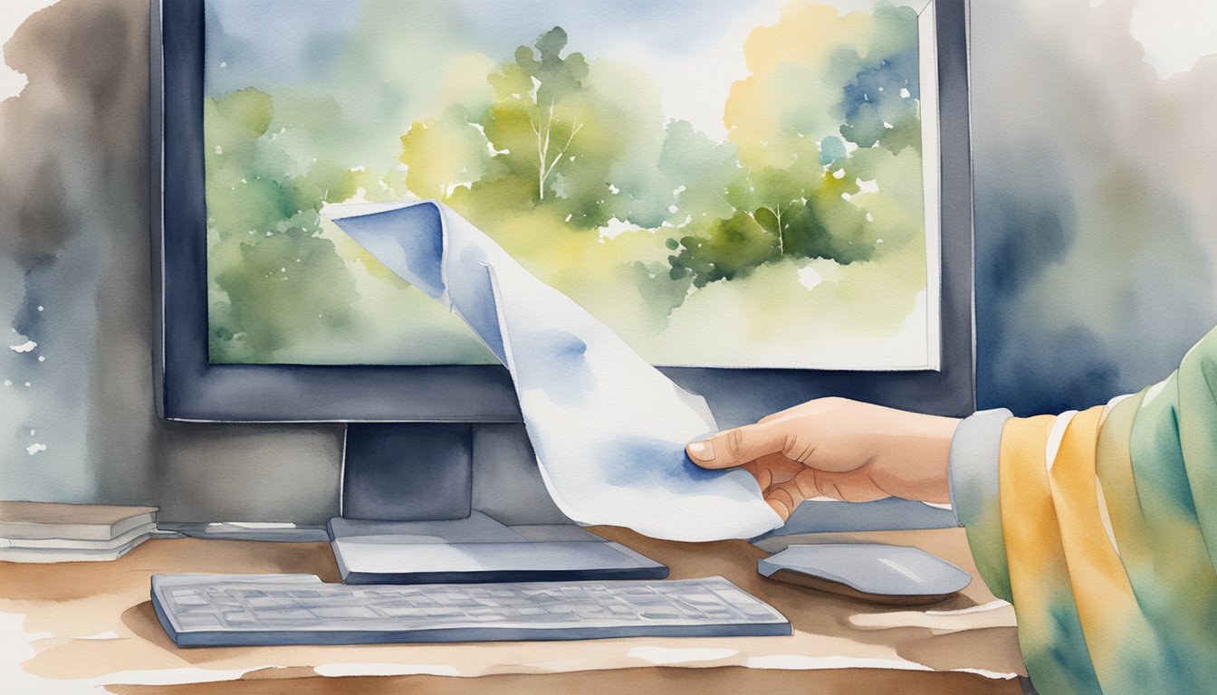 A hand holds a microfiber cloth and gently wipes a computer monitor, removing dust and smudges