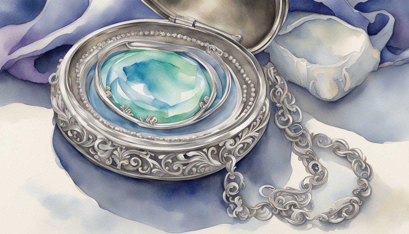 A silver necklace being gently cleaned with a soft cloth and silver polish, then carefully stored in a tarnish-resistant jewelry box