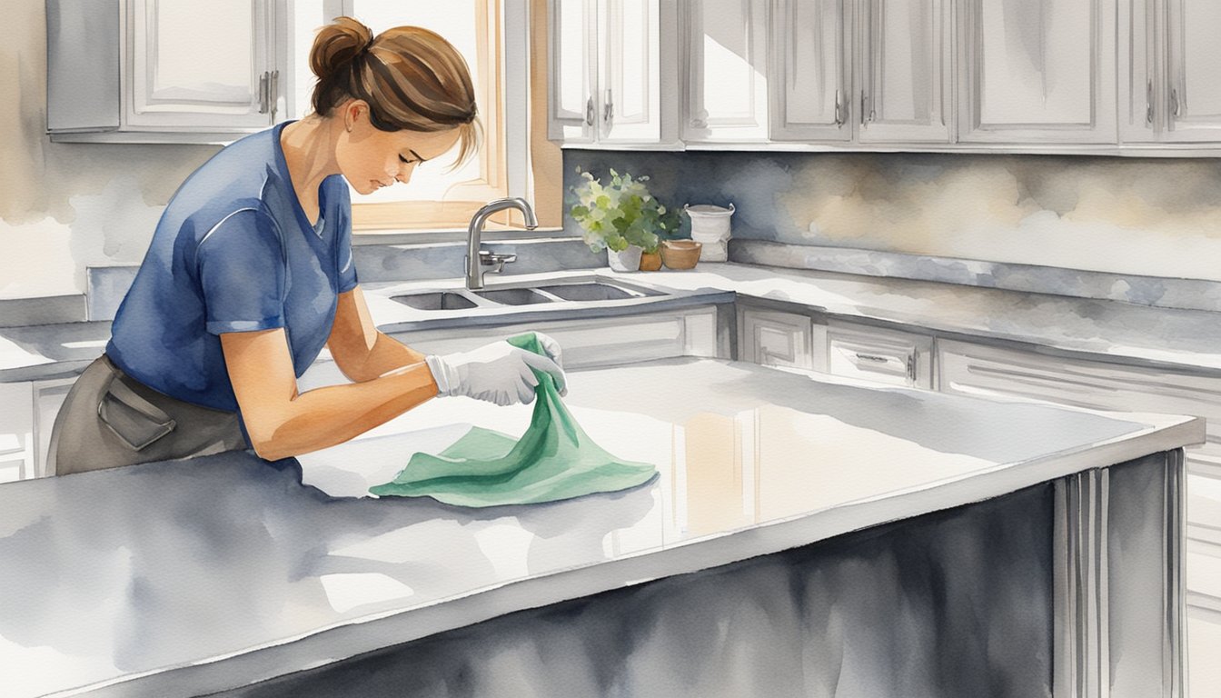 A person applies a sealant to a granite countertop, using a cloth to wipe it evenly.</p><p>The countertop shines as the sealant protects it from stains and spills