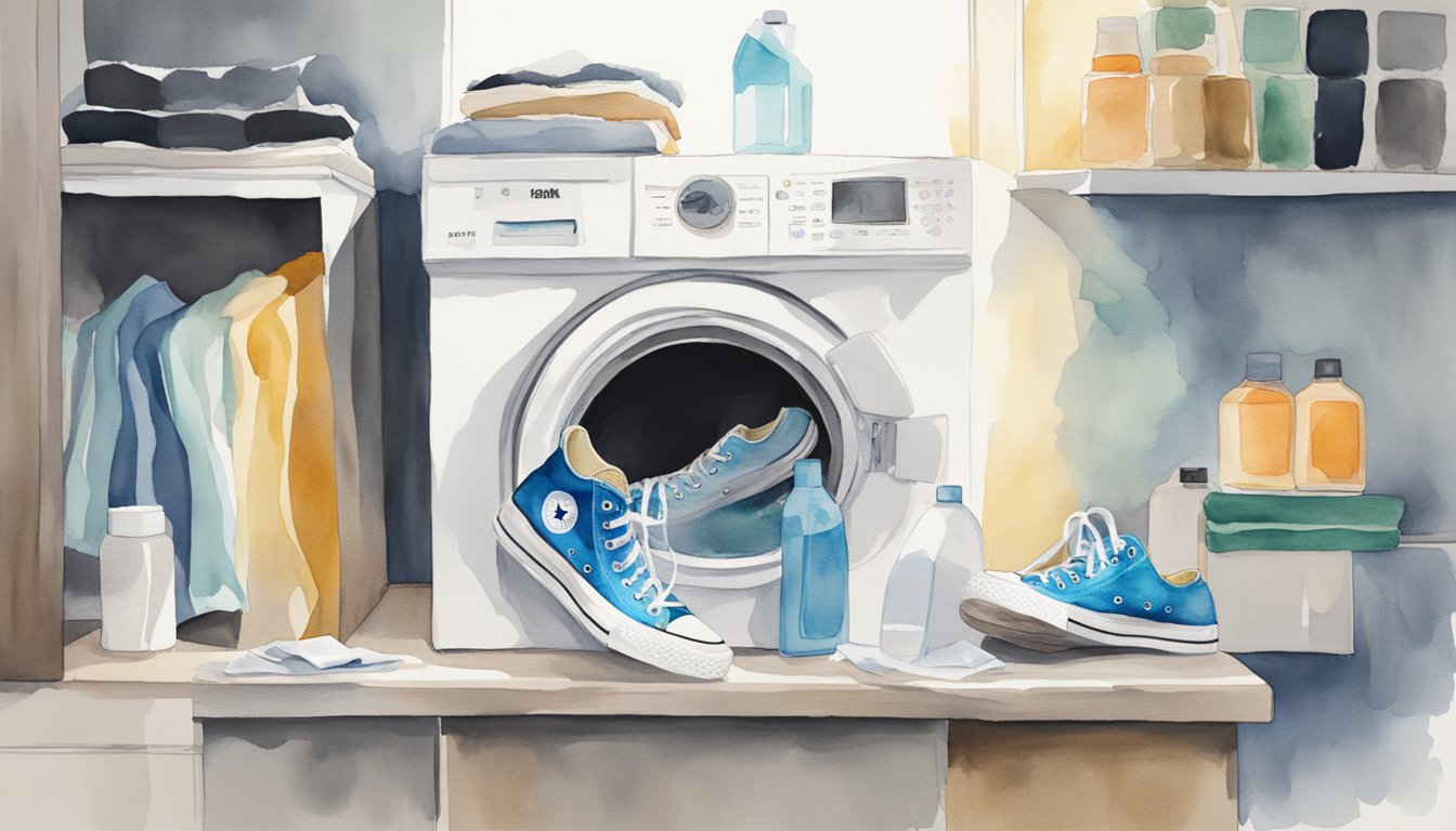 A pair of Converse sneakers being placed inside a modern washing machine, with a bottle of specialized shoe cleaner and instructions nearby