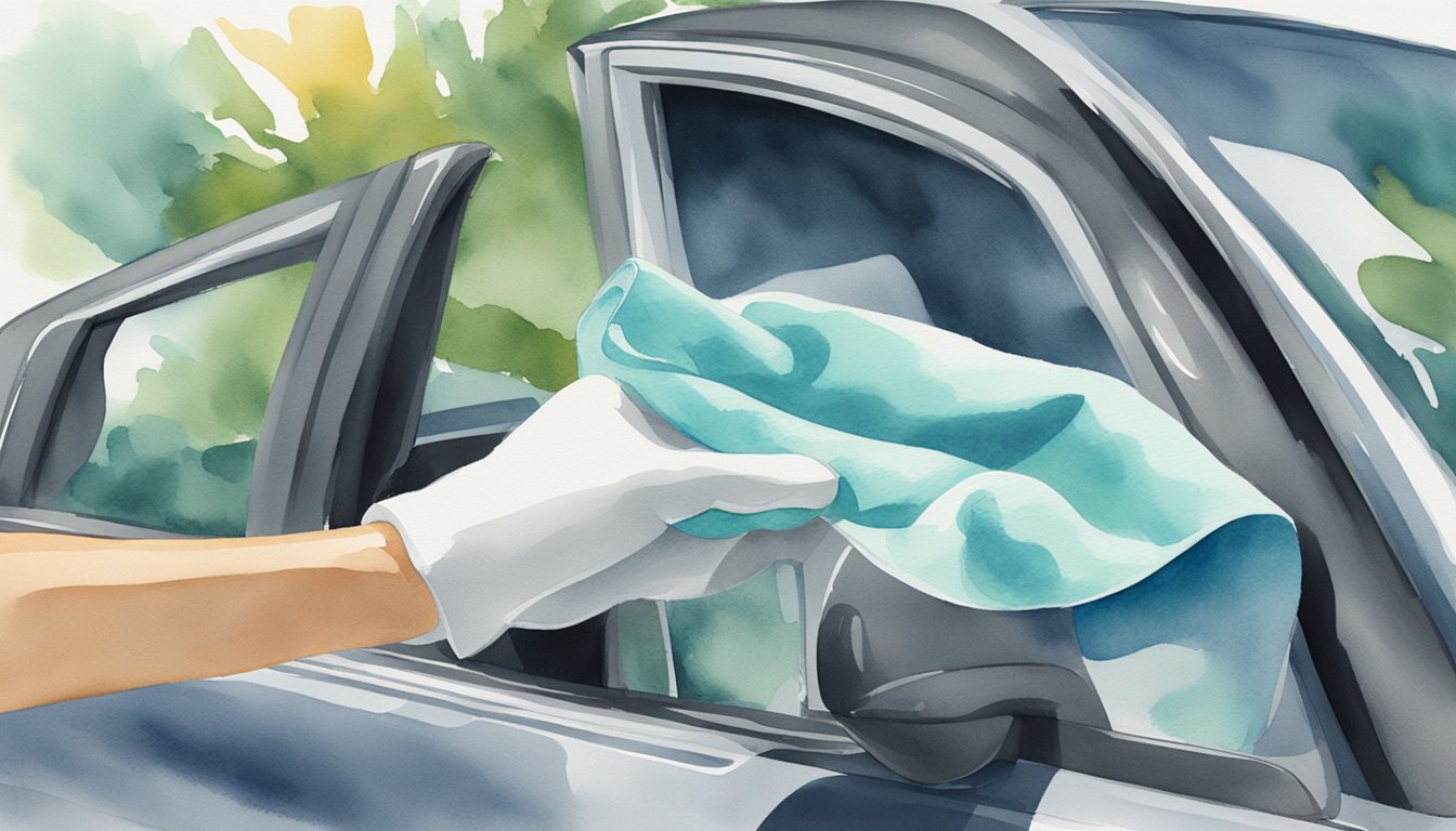 A hand holding a microfiber cloth, wiping the inside of a car windshield with a streak-free cleaner, showing clear and spotless glass