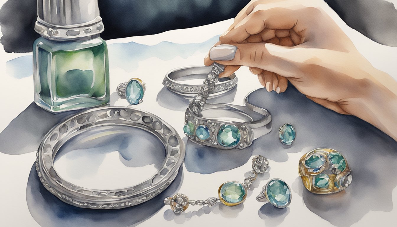 A table with tarnished silver jewelry, a bottle of silver polish, and a soft cloth.</p><p>A professional cleaner's hand applying polish to jewelry