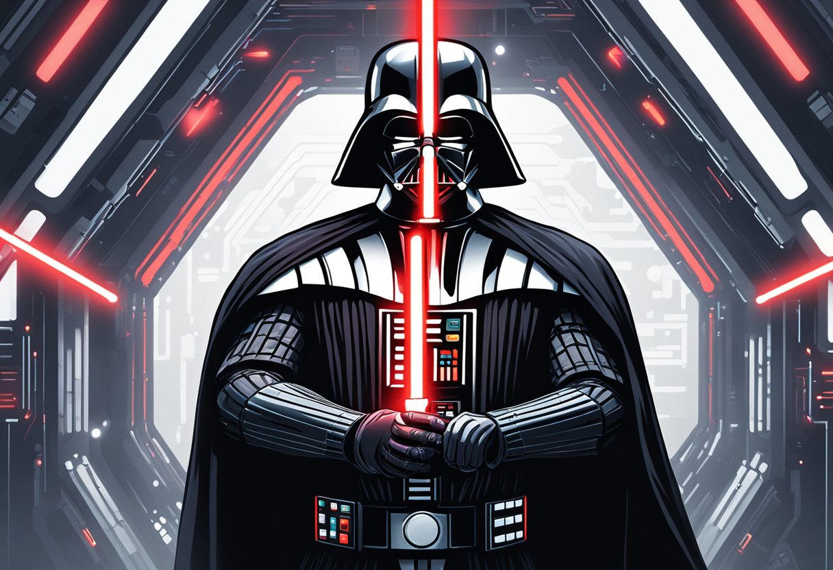 Darth Vader NFT: A dark, imposing figure surrounded by futuristic technology and a glowing red lightsaber