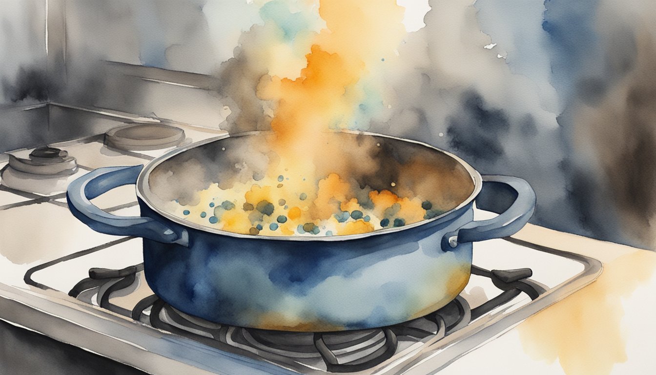 A burnt pot sits on a stove.</p><p>A person scrubs it with a sponge and soapy water, then rinses it clean.</p><p>Smoke billows from the pot