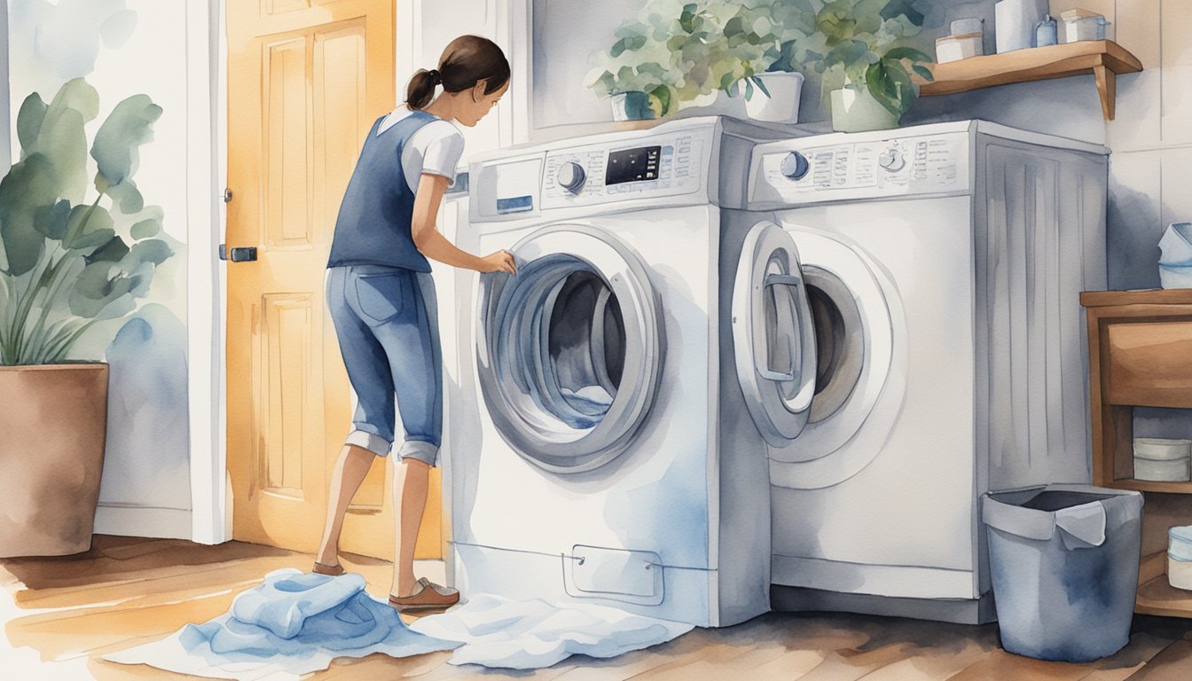 A person wipes the top loader washing machine with a damp cloth, removing any dust or debris.</p><p>They then apply a mild cleaner to the surface, scrubbing gently to remove any stains or build-up