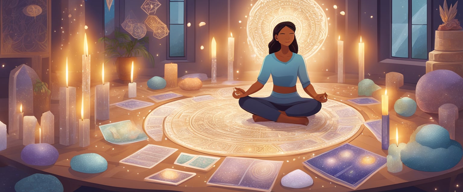 A serene figure surrounded by candles and crystals, focusing on a vision board with affirmations and symbols of their desired manifestation