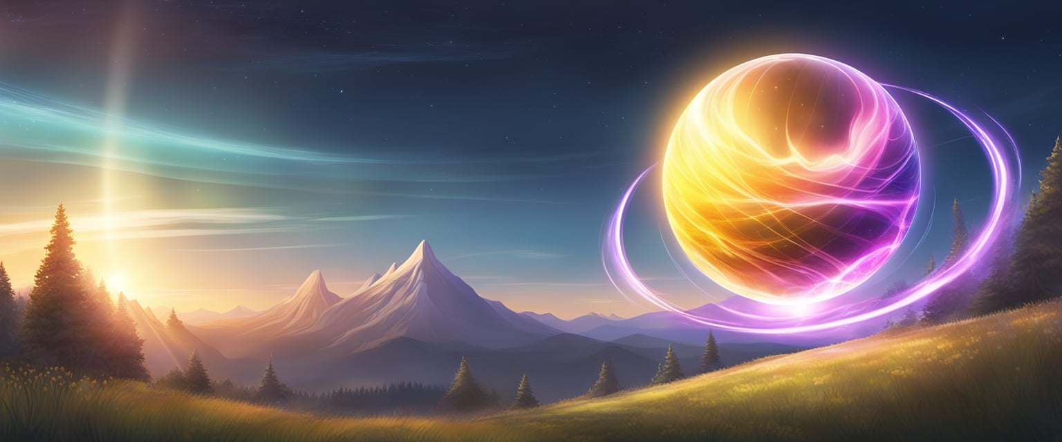 A glowing orb surrounded by swirling energy, radiating light and pulsing with power, as it hovers above a serene natural landscape