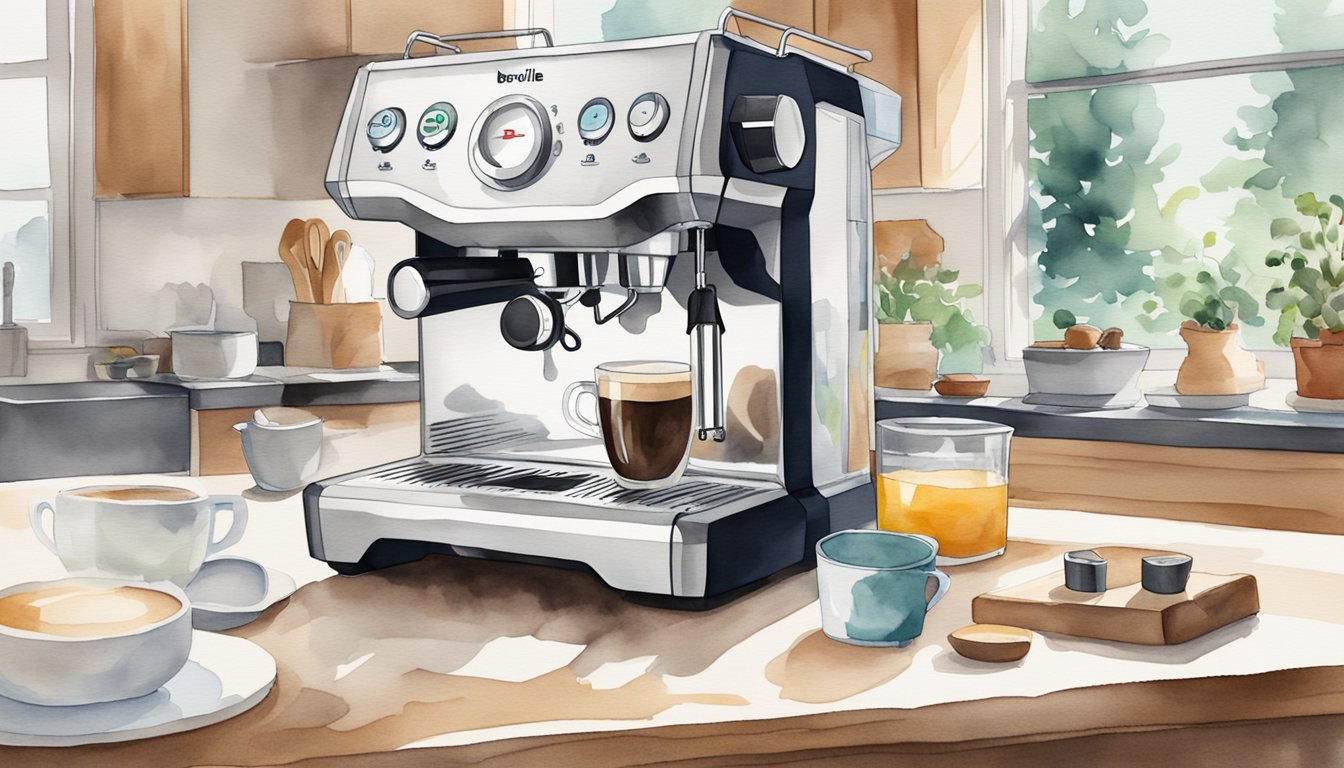 A Breville espresso machine sits on a clean, clutter-free countertop.</p><p>A user follows step-by-step instructions to carefully clean and maintain the machine, using a soft cloth and cleaning solution