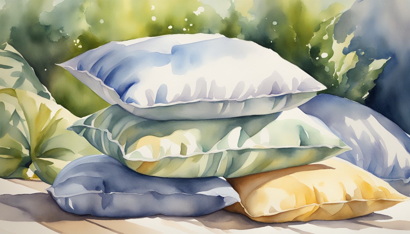 Pillows being fluffed and sprayed with freshener, then placed in the sun to air out