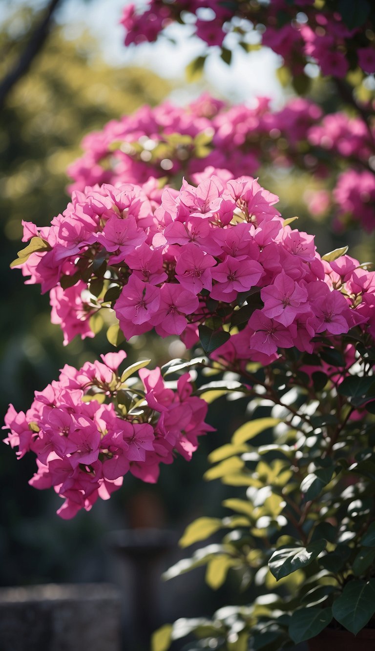 A vibrant Bougainvillea Bonsai tree stands in a lush garden, its delicate pink and purple flowers adding a pop of color to the serene landscape