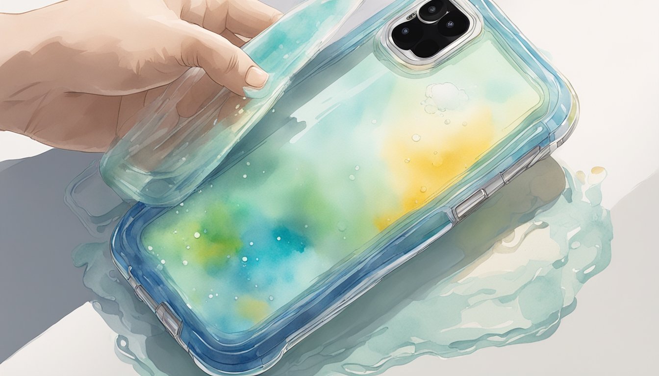 A clear phone case being submerged in a soapy solution, scrubbed with a soft brush, and dried with a lint-free cloth