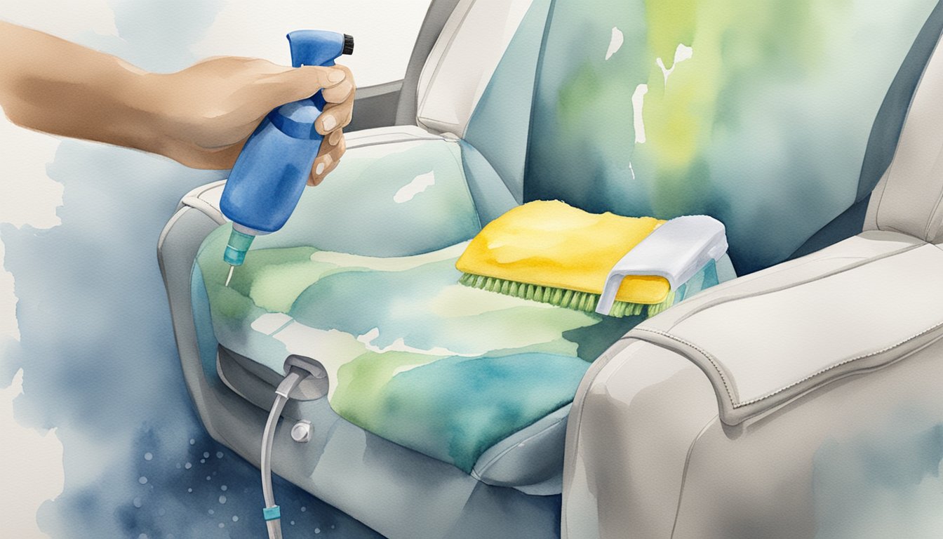 A car seat being scrubbed with a brush and cleaning solution, followed by a protective spray being applied to the fabric