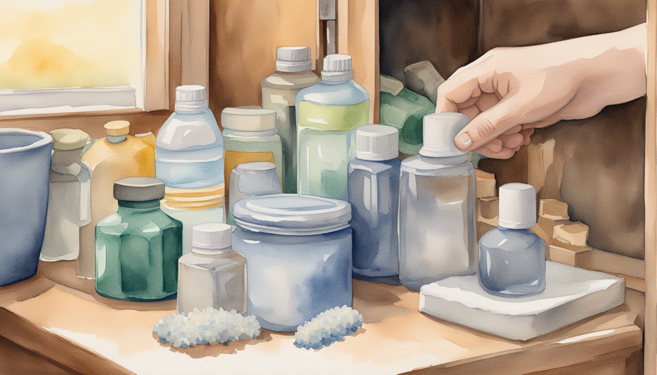 A hand reaches for a bottle of cleaner next to a stack of neatly organized cabinet hardware.</p><p>A cloth and sponge sit nearby, ready for use