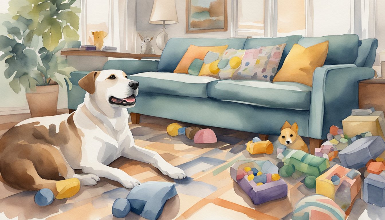 A dog lounges on a couch in a tidy living room, surrounded by scattered toys and a dog bed.</p><p>The air is heavy with the unmistakable scent of canine presence