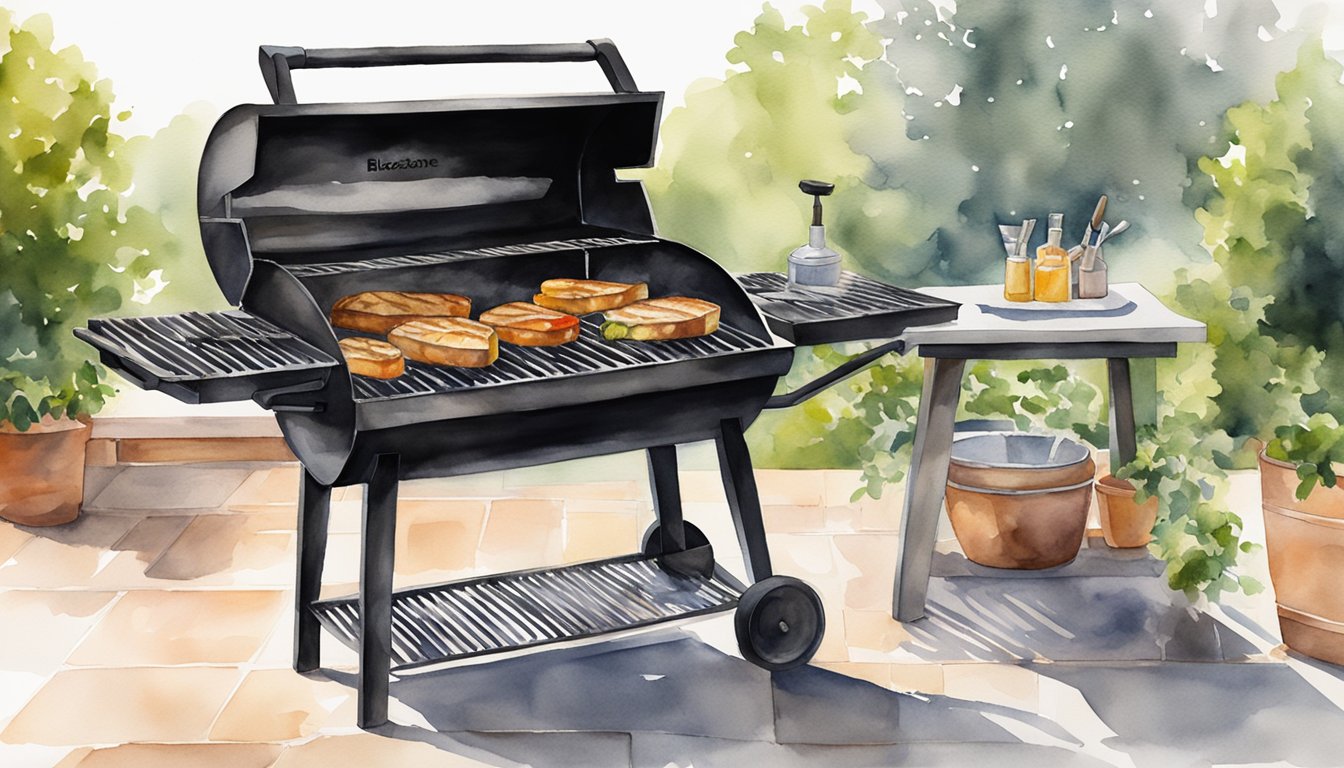 A blackstone grill sits on a patio, with a spatula and brush nearby.</p><p>The grill is being cleaned and seasoned after cooking, ready for storage