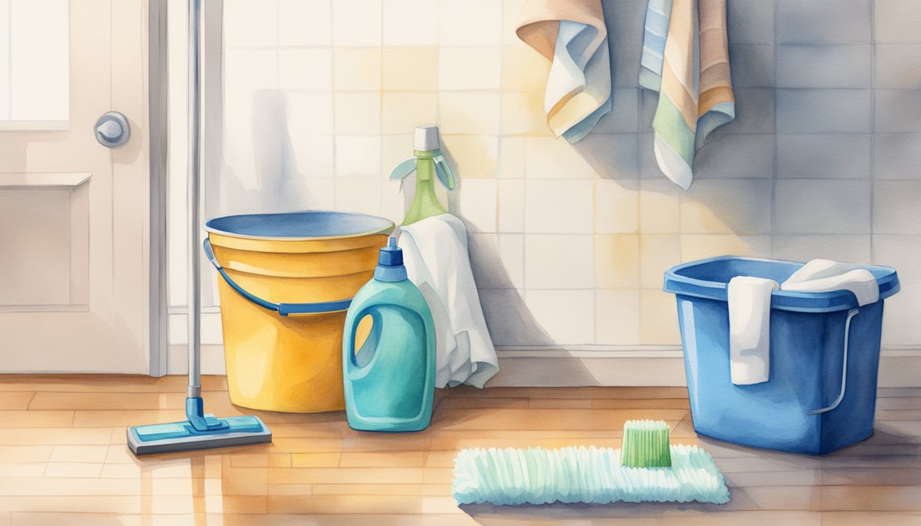 A mop and bucket sit next to a stack of clean towels.</p><p>A bottle of floor cleaner and scrub brush are nearby.</p><p>A sign with cleaning instructions is posted on the wall