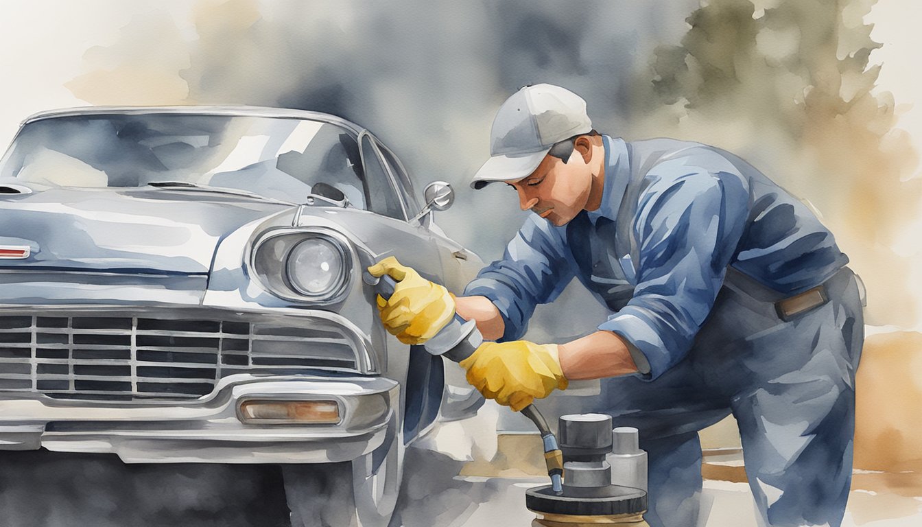 A mechanic buffing and polishing a foggy headlight with a professional headlight restoration kit