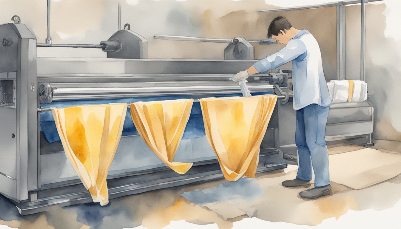 A weighted blanket is being washed in a large machine, then hung to air dry. A person uses a lint roller to remove any remaining debris