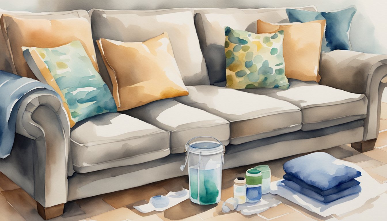 Couch cushions laid out to dry, with a vacuum and cleaning supplies nearby for maintenance