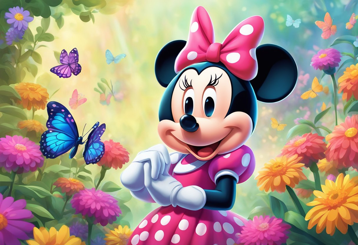 Minnie Mouse NFT: Minnie stands in a vibrant digital garden, surrounded by colorful flowers and butterflies, with a bright smile on her face