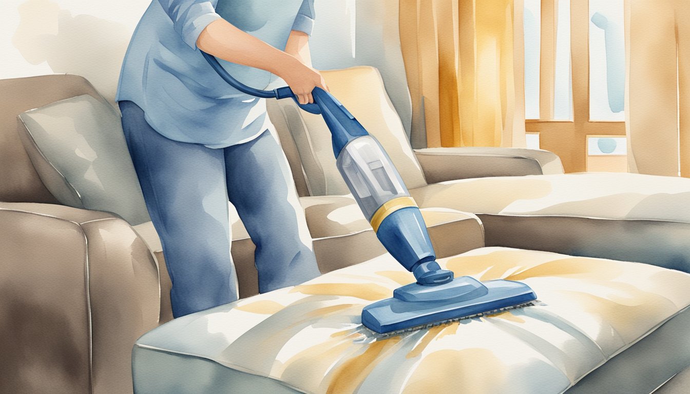 A professional cleaning machine sprays upholstery with a gentle cleaning solution, while a soft brush agitates the fabric to remove dirt and stains