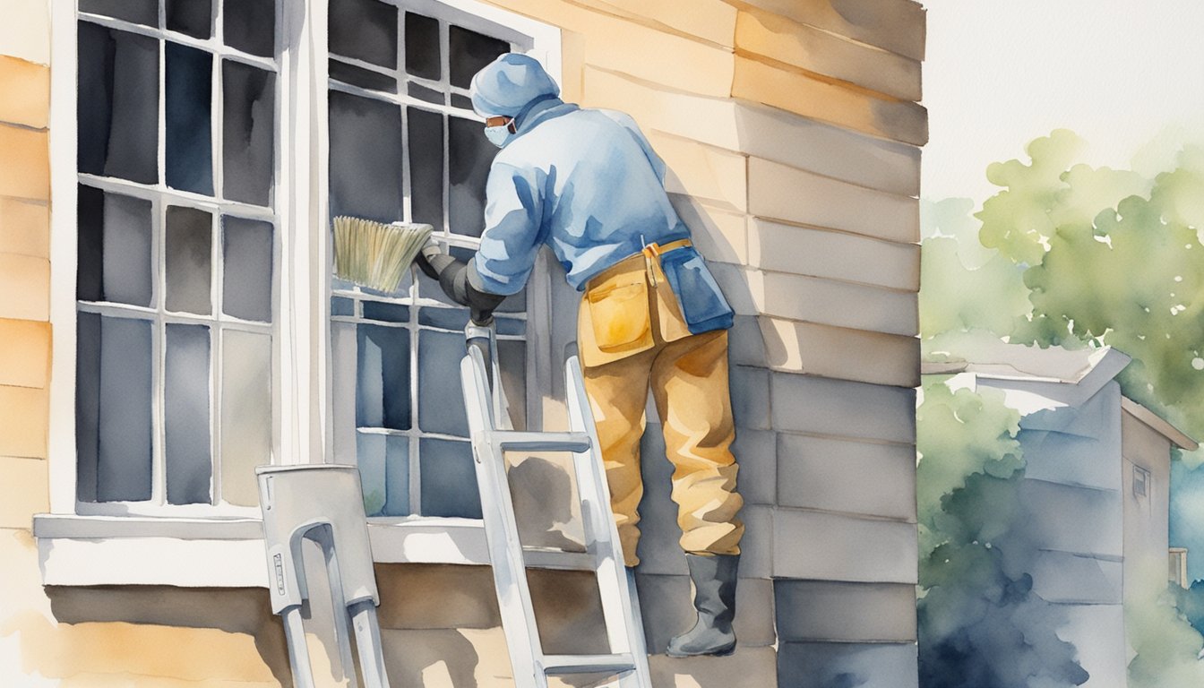 A person wearing gloves and a mask uses a long brush to clean the exterior of a dryer vent. A ladder is positioned securely against the house for access