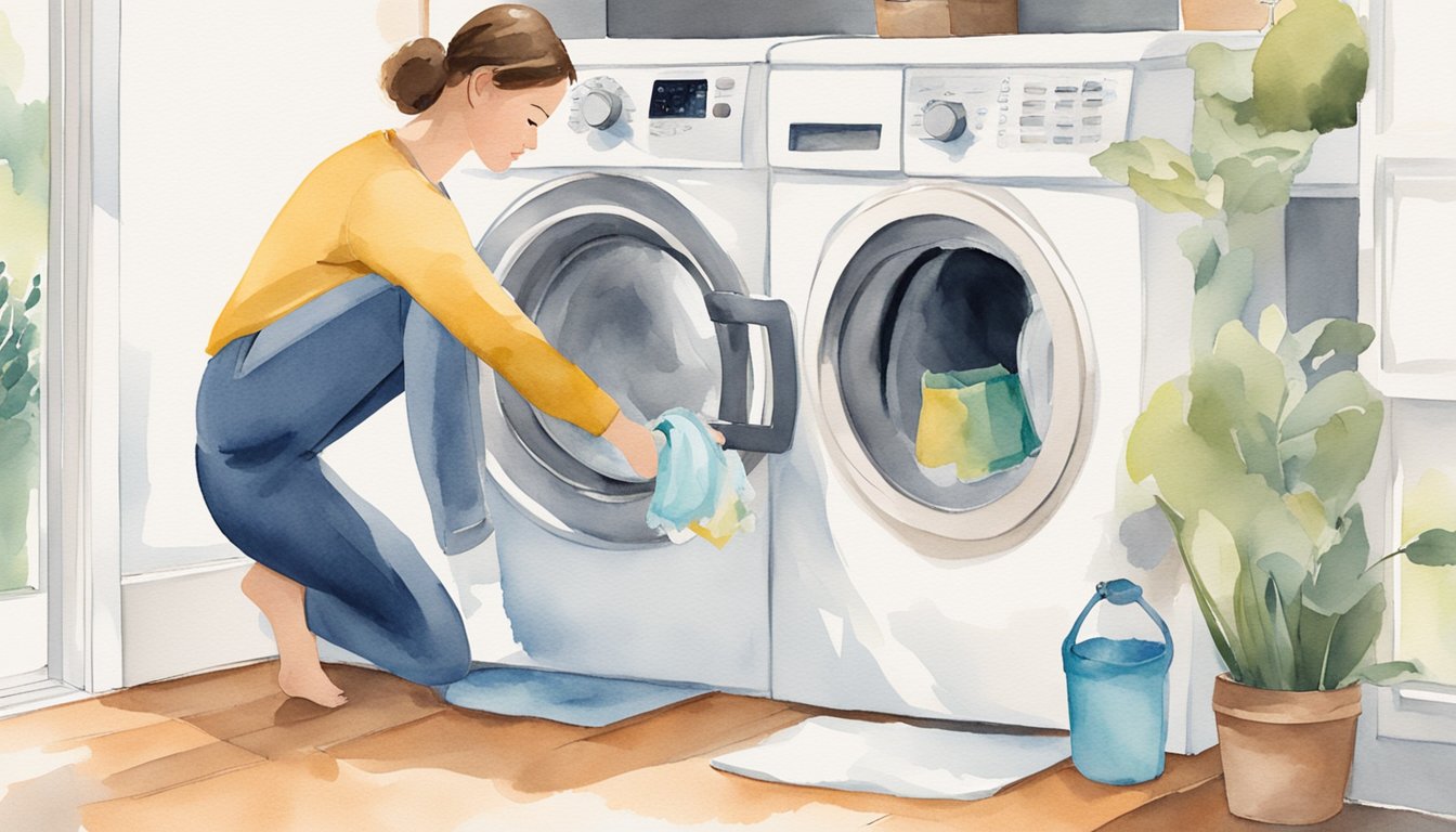 A person opens the dryer door, removes lint trap, and cleans it.</p><p>They also vacuum the inside of the dryer and wipe down the exterior