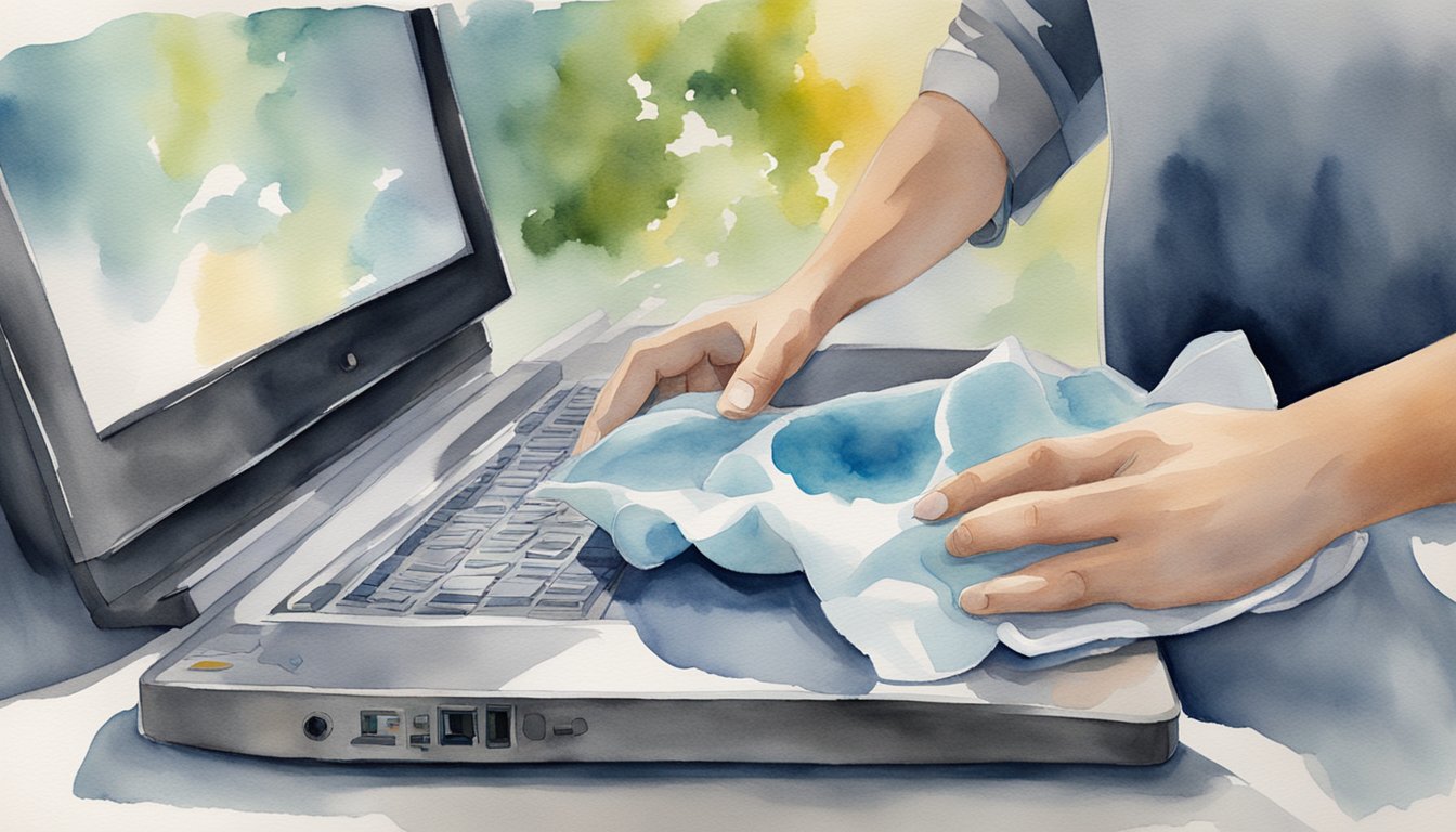 A hand holding a microfiber cloth gently wipes a computer monitor in circular motions, removing dust and smudges