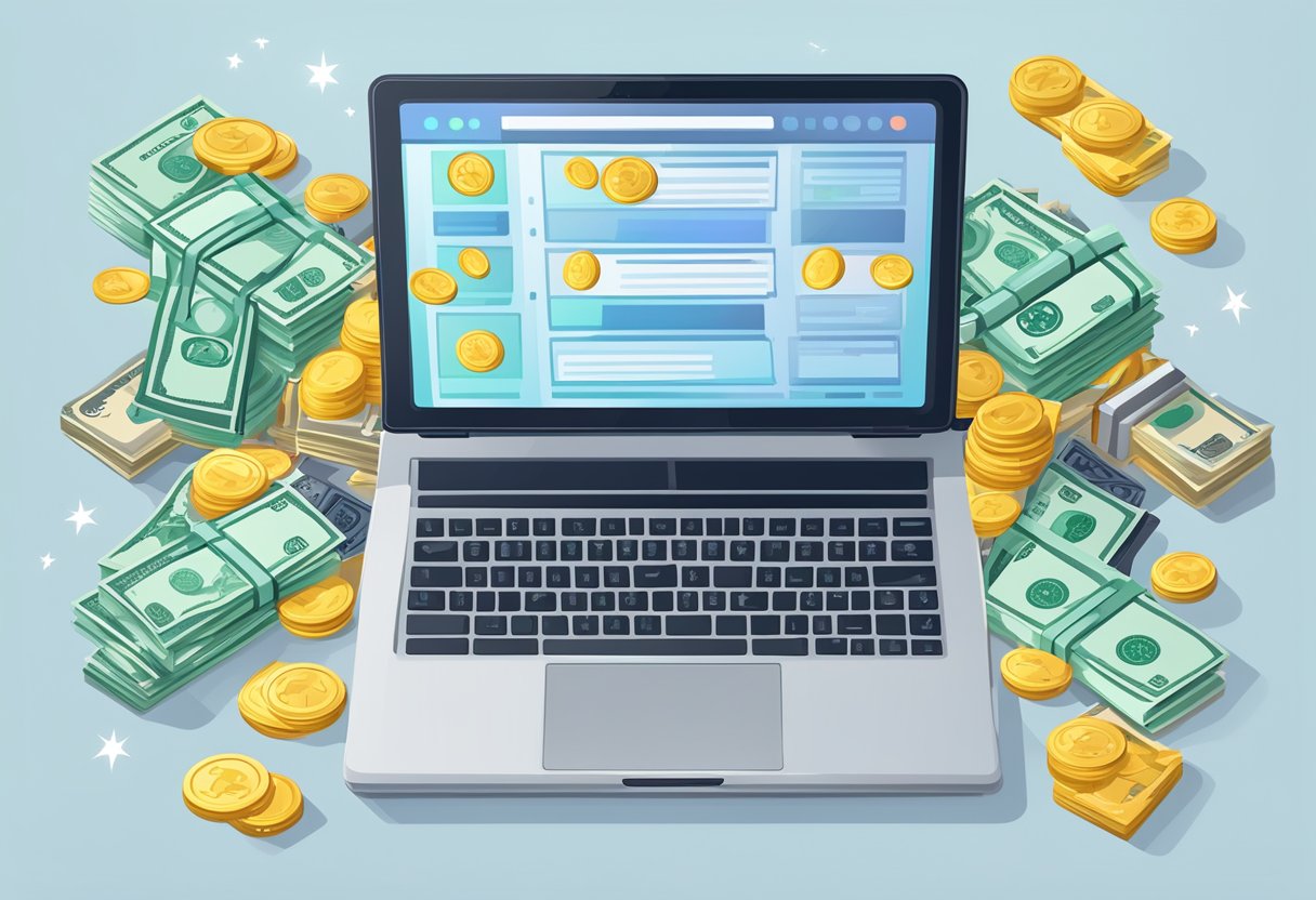 A laptop with a stack of money on the keyboard, surrounded by icons of various online money-making opportunities
