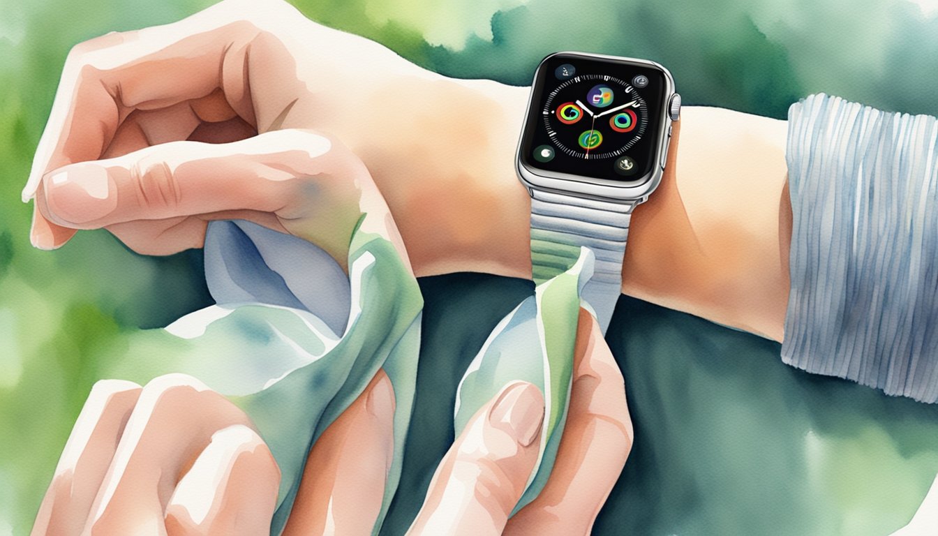 A hand holding a soapy cloth, gently wiping a silicone Apple Watch band.</p><p>A second cloth dries the band, leaving it clean and shiny