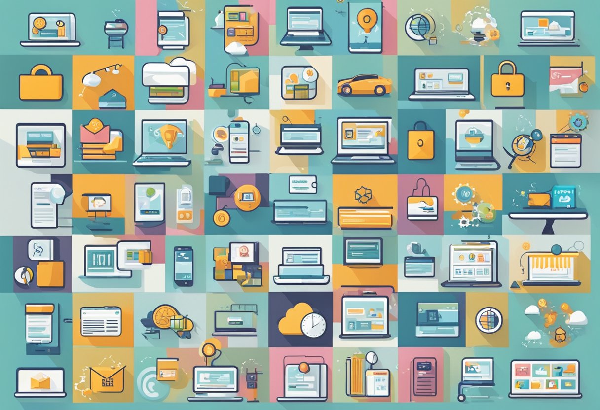 Various online income opportunities depicted through icons and symbols representing different methods such as e-commerce, affiliate marketing, and online courses