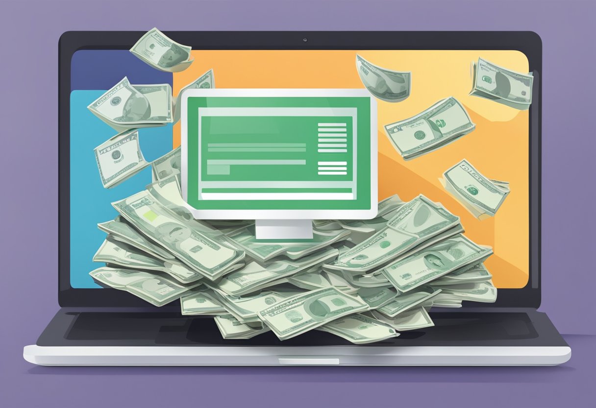 A computer with multiple open tabs showing various ways to make money online. A stack of cash and a laptop nearby