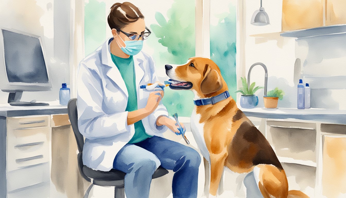 A veterinarian demonstrating dental cleaning on a dog using a toothbrush and toothpaste.</p><p>The dog is sitting calmly while the veterinarian gently brushes its teeth