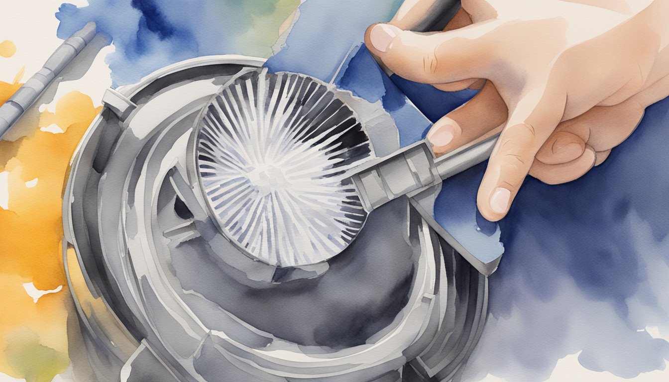 A close-up of a Dyson vacuum filter being removed and cleaned with water and a soft brush