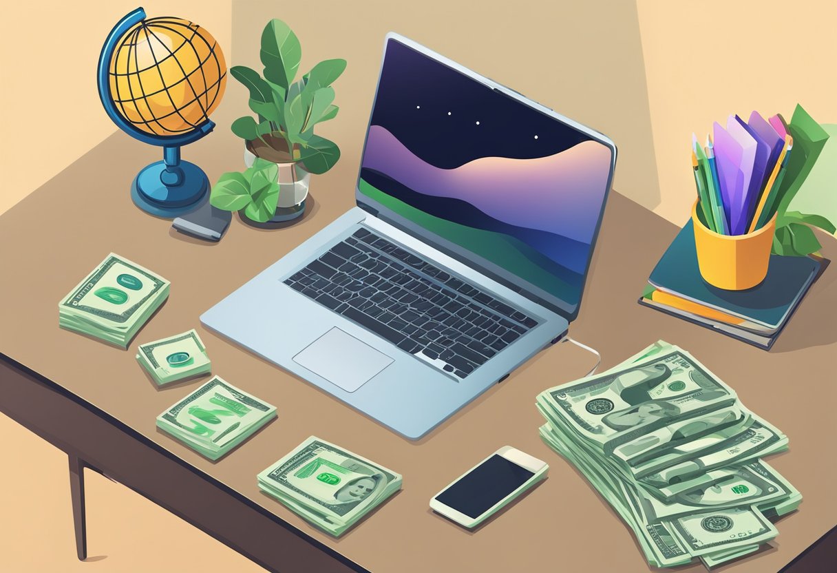 A laptop and smartphone on a desk with a stack of money and a globe, symbolizing freelance work and remote job opportunities