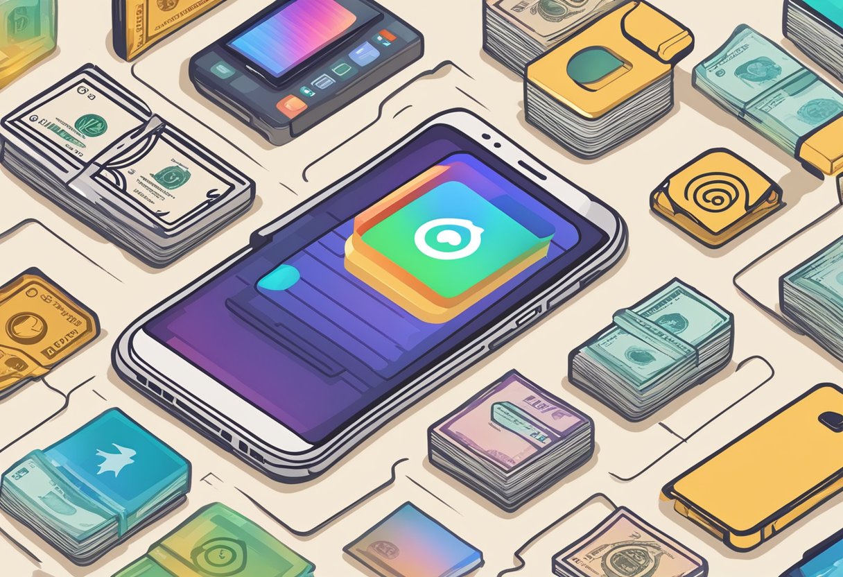 A smartphone with the Instagram app open, displaying a notification of a cash transfer with a money symbol and the text "Ganhe dinheiro no Instagram"