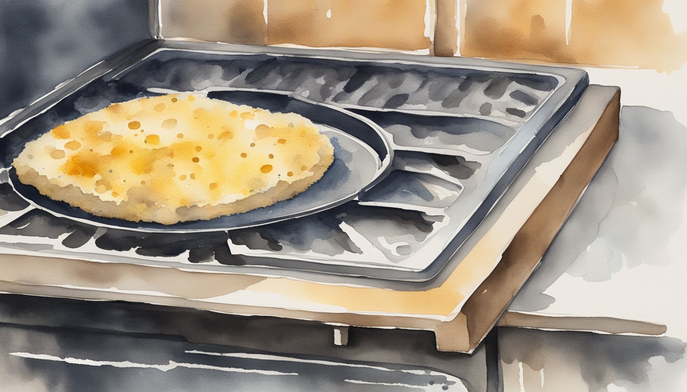 A griddle sits on a stove, covered in grease and food residue.</p><p>A sponge and soapy water are used to scrub the surface clean, followed by a thorough drying with a clean towel