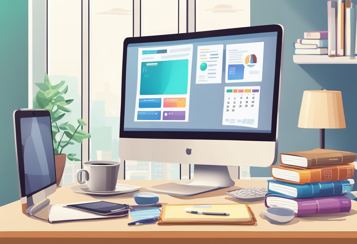 A desk with a computer, notebook, and coffee mug. A smartphone with online payment apps. A stack of books on digital marketing and e-commerce. A calendar marked with deadlines. A comfortable chair and a bright, well-lit room