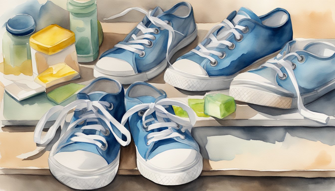 Tennis shoes laid out to air dry, with a soft brush and mild detergent nearby for post-cleaning care