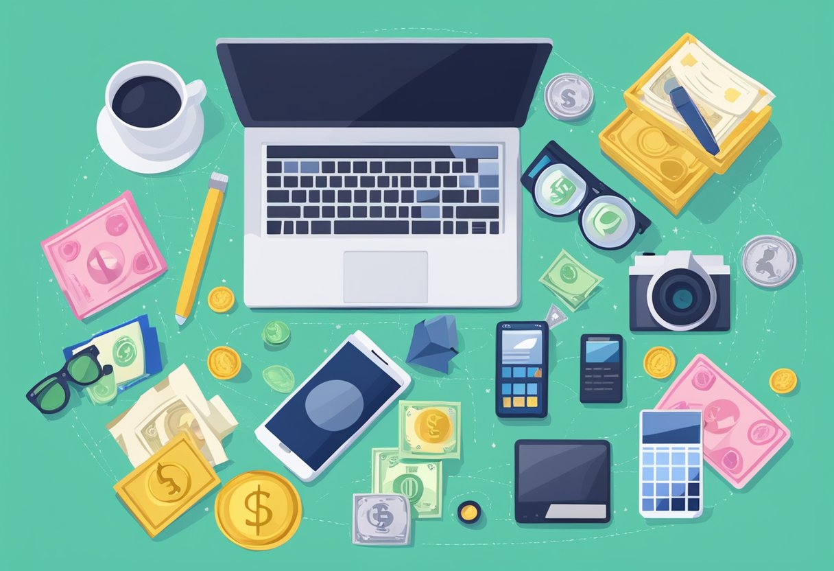 A laptop surrounded by various items representing different online money-making ideas, such as a camera for content creation and a dollar sign for monetization