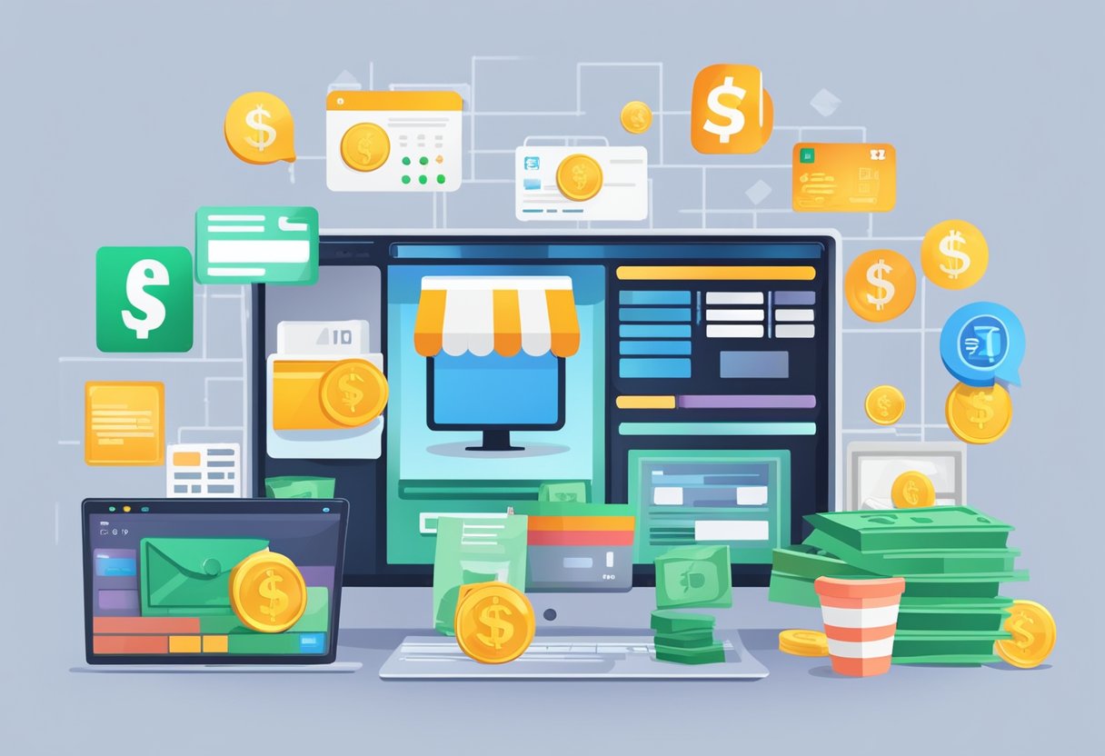 A computer with a stack of cash, a credit card, and various e-commerce icons (shopping cart, online store, etc.) displayed on the screen