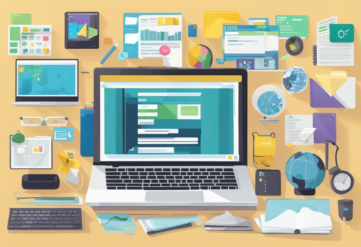 A laptop surrounded by various items representing different online freelance and consulting services, with a list of "10 ideias de como ganhar dinheiro na internet sem sair de casa" displayed on the screen