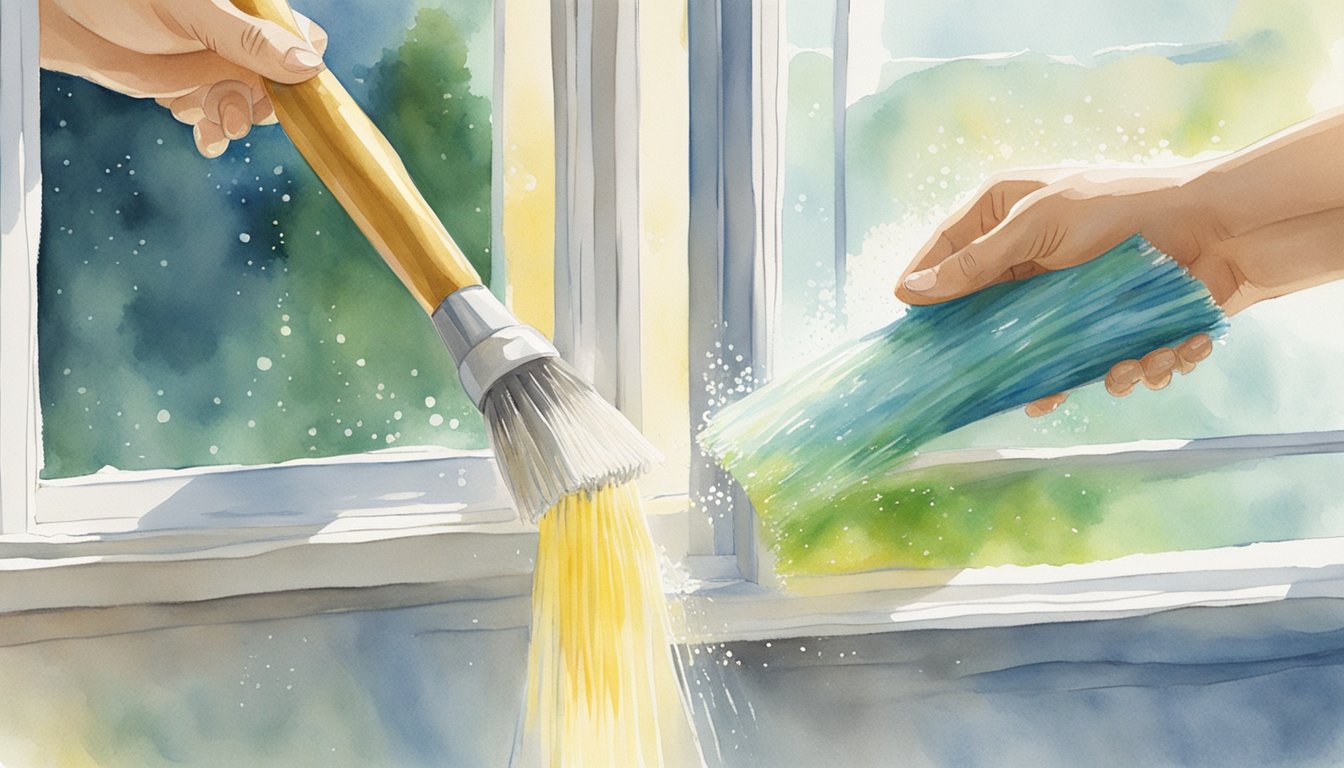 A hand holding a brush, scrubbing a window screen with soapy water.</p><p>Another hand rinsing the screen with a hose.</p><p>Screens drying in the sun