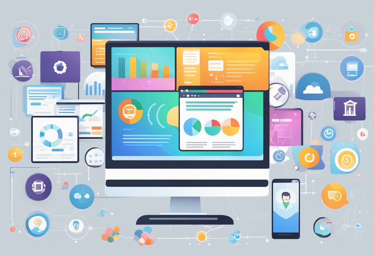 A computer with a digital marketing dashboard displayed on the screen, surrounded by various social media icons and analytics charts