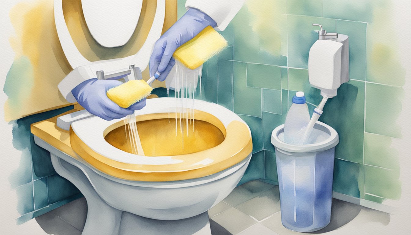 A gloved hand sprays disinfectant on a toilet, while another hand holds a scrub brush.</p><p>A sign on the wall outlines safety precautions